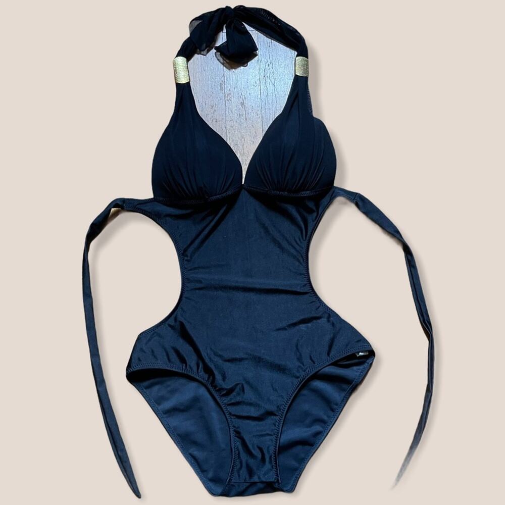 HALTER STYLE ONE PIECE SWIMSUIT WITH OPEN BACK & GOLD DETAILS-SEXY, BNWOT